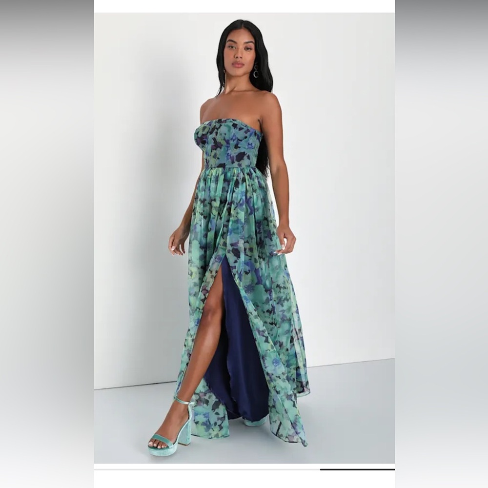 Lulus Wonderful Waltz Green Floral Print Strapless Bustier Maxi Dress